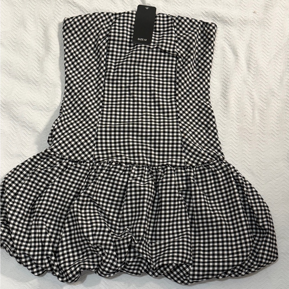 Black and White Gingham Strapless Dress